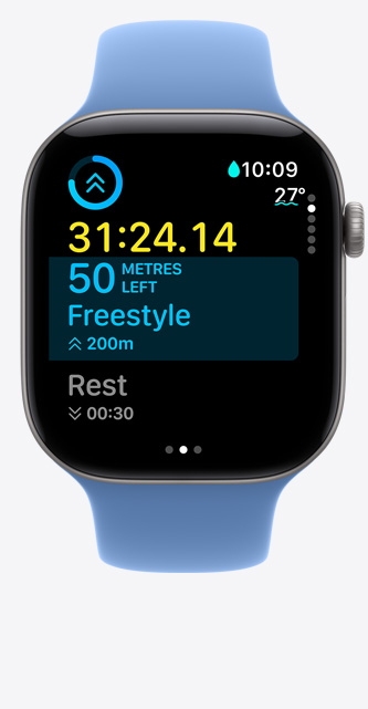 Apple Watch Series 12, aluminium case, space gray colour Workout screen tracks Pool Swim, metrics onscreen, Sport Band, wildflower blue color