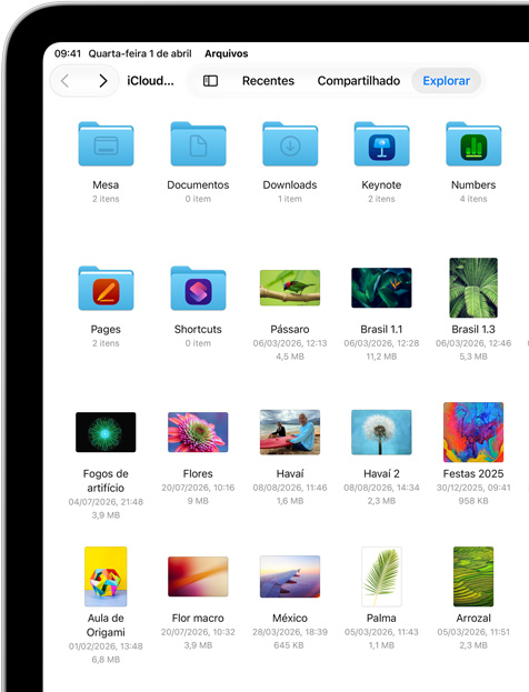 Imagem que mostra a tela de um iPad com arquivos e pastas no iCloud Drive