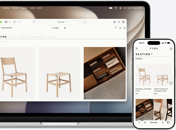 A tela do Macbook e do iPhone exibem o mesmo site no Safari