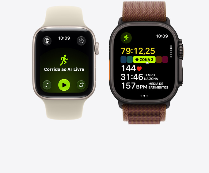 Apple Watch Series 12 com caixa dourada-clara de alumínio, exercício Corrida ao Ar Livre aberto com controles de reprodução do Apple Music, Apple Watch Ultra 4 com caixa preta de titânio, exercício Corrida aberto, frequência cardíaca na Zona 3