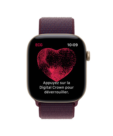 Apple Watch Series 12, boîtier en aluminium, couleur or clair, app ECG, instructions à l’écran indiquant d’appuyer sur la couronne Digital Crown pour commencer une lecture d’ECG, cœur rouge au milieu de l’écran, bracelet sport à rabat, couleur bourgogne
