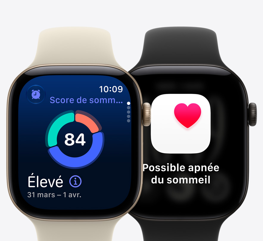 Deux Apple Watch Series 12, écran affichant le score de sommeil, notification de possible apnée du sommeil