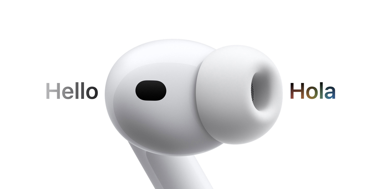 AirPods Pro 3, audífono con almohadilla de silicona, Traducción en Vivo cambia los caracteres en inglés que dicen 'hello' a un texto en español que dice 'hola'