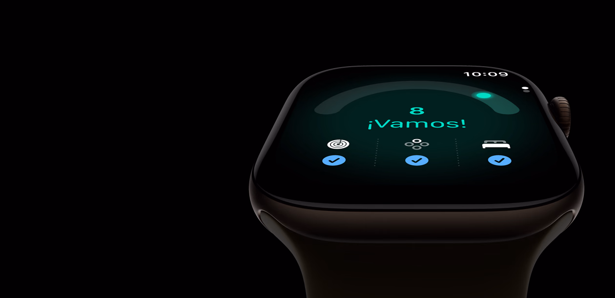 Apple Watch Series 12, caja de aluminio, color bronce oscuro, puntuación de Disposición de 8, parte lateral derecha, Digital Crown, correa deportiva, color oliva