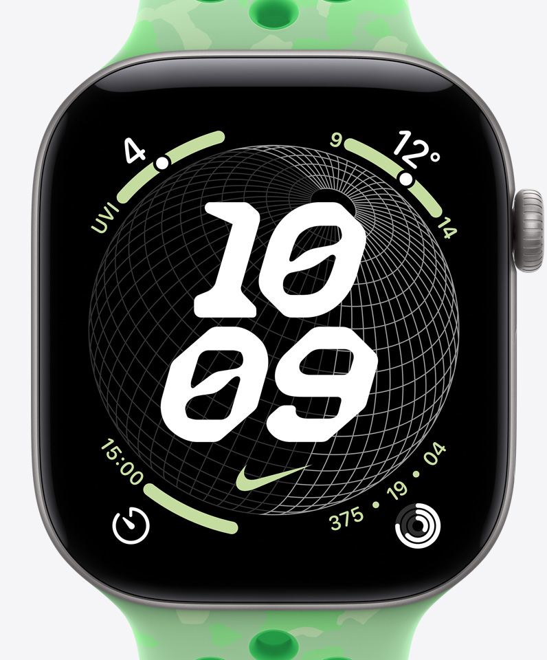 Ciferník Nike Globe, čas, logo Nike Run, komplikace: UV index, počasí, minutka, kroužky aktivity