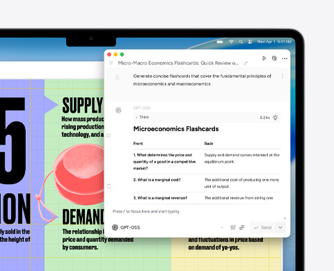 Obrazovka MacBooku Air s ukázkou použití Psacích nástrojů Apple Intelligence k vytvoření flash karet o mikro‑ a makroekonomii