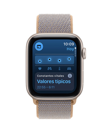 Apple Watch SE 3, screen shows overnight vitals, aluminum case, starlight color, right side exterior, Digital Crown dial, connected to Sport Loop band, chambray blue color (light blue-gray)
