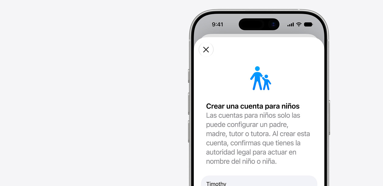 Un iPhone muestra la interfaz de configuración de una Cuenta Infantil con un icono de un adulto y un niño, y debajo el campo de nombre del menor.