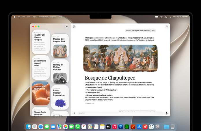 Vooraanzicht van 14-inch MacBook Pro in Spacezwart, op het scherm is de Siri-app te zien met een actief Siri AI-gesprek en eerdere gesprekken in de navigatiekolom.