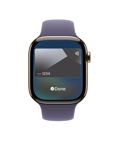 Apple Watch Series 11, gold color, titanium case, Apple Pay, right side exterior, Digital Crown, purple fog Sport Band