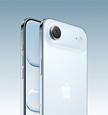 iPhone Air in Sky Blue finish, partial screen display and side angle shows Action button, volume button and side button. Back exterior shows Fusion camera system in top left corner.