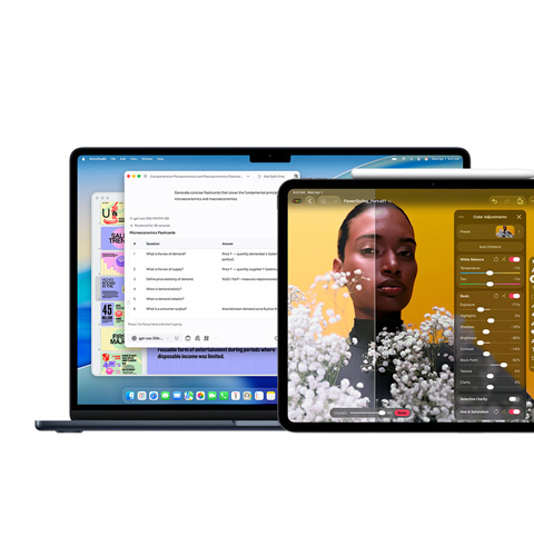 Un Mac que muestra Apple Intelligence, un iPad que muestra Pixelmator Pro