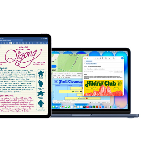 Un iPad que muestra Goodnotes, un Mac que muestra varias apps que se usan a la vez