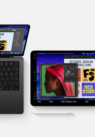 Un MacBook y un iPad con el Apple Pencil, ambas pantallas muestran el mismo software de diseño gráfico que ilustra la continuidad entre dispositivos.