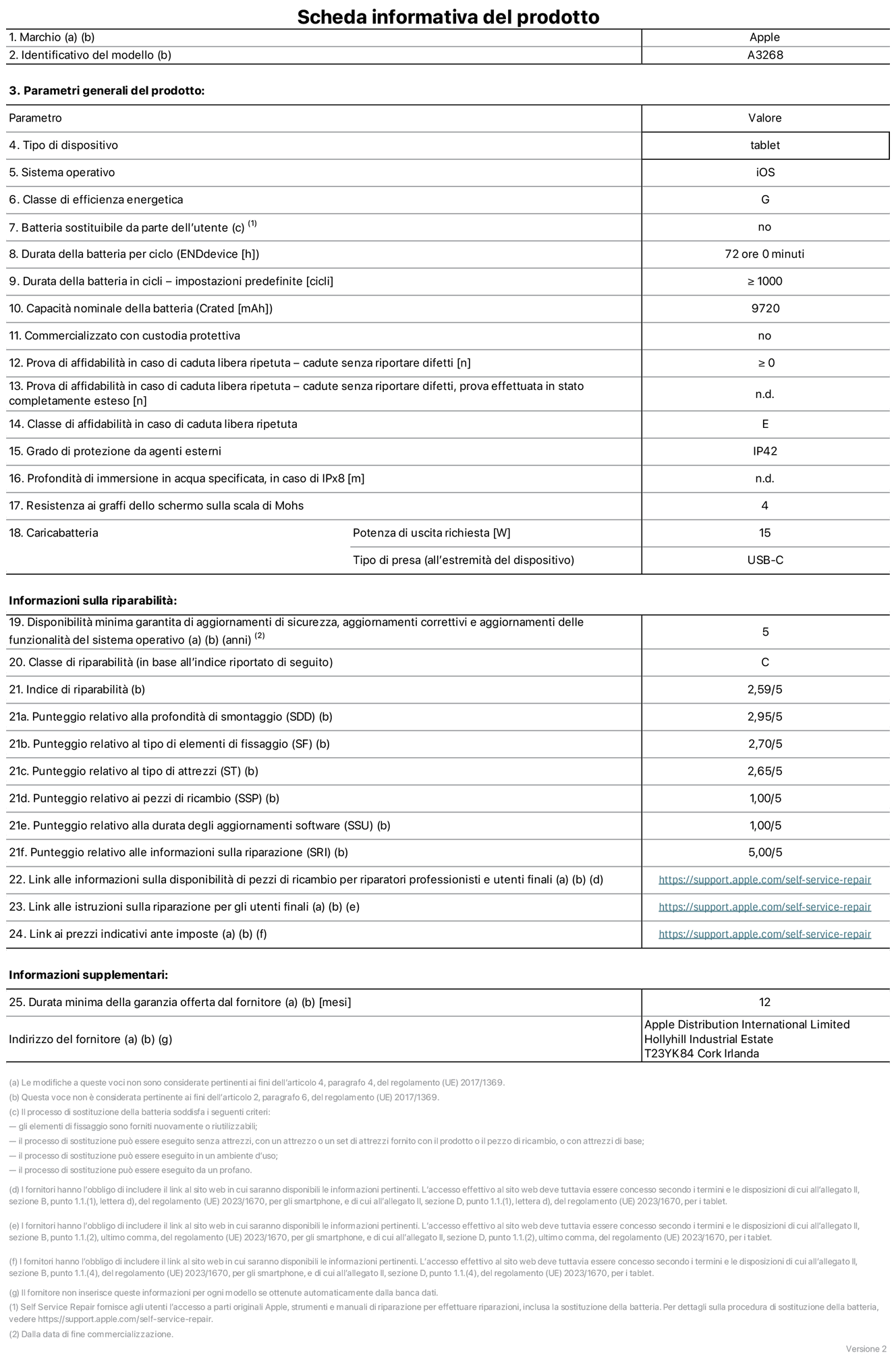 Scheda informativa del prodotto per iPad Air 13 pollici Wi-Fi, modello A3268. Fornito da Apple UK Ltd, 100 New Bridge Street, EC4V 6JA Londra. Tipo di dispositivo: tablet. Sistema operativo: iOS. Classe di efficienza energetica per Standard Dynamic Range: G. Durata della batteria: 72 ore. Durata della batteria in cicli: maggiore o uguale a 1000. Capacità nominale della batteria: 9720 mAh. Prova di affidabilità in caso di caduta libera ripetuta (cadute senza riportare difetti): maggiore o uguale a 0. Classe di affidabilità nel caso di caduta libera ripetuta: E. Grado di protezione da agenti esterni: IP42. Resistenza ai graffi dello schermo sulla scala di Mohs: 4. Potenza di uscita richiesta per il caricabatterie: 15W. Tipo di presa (all’estremità del dispositivo): USB-C. Disponibilità minima garantita di aggiornamenti di sicurezza, aggiornamenti correttivi e aggiornamenti delle funzionalità del sistema operativo: 5 anni. Classe di riparabilità: C. Indice di riparabilità: 2,59 su 5. Punteggio relativo alla profondità di smontaggio: 2,95 su 5. Punteggio relativo al tipo di elementi di fissaggio: 2,70 su 5. Punteggio relativo al tipo di attrezzi: 2,65 su 5. Punteggio relativo ai pezzi di ricambio: 1,00 su 5. Punteggio relativo alla durata degli aggiornamenti software: 1,00 su 5. Punteggio relativo agli aggiornamenti software: 1,00 su 5. Punteggio relativo alle informazioni sulla riparazione: 5,00 su 5. Link alle informazioni sulla disponibilità di pezzi di ricambio per riparatori professionisti e utenti finali: https://support.apple.com/self-service-repair. Link alle istruzioni sulla riparazione per gli utenti finali: https://support.apple.com/self-service-repair. Link ai prezzi indicativi ante imposte: https://support.apple.com/self-service-repair. È prevista una garanzia generale di 12 mesi.