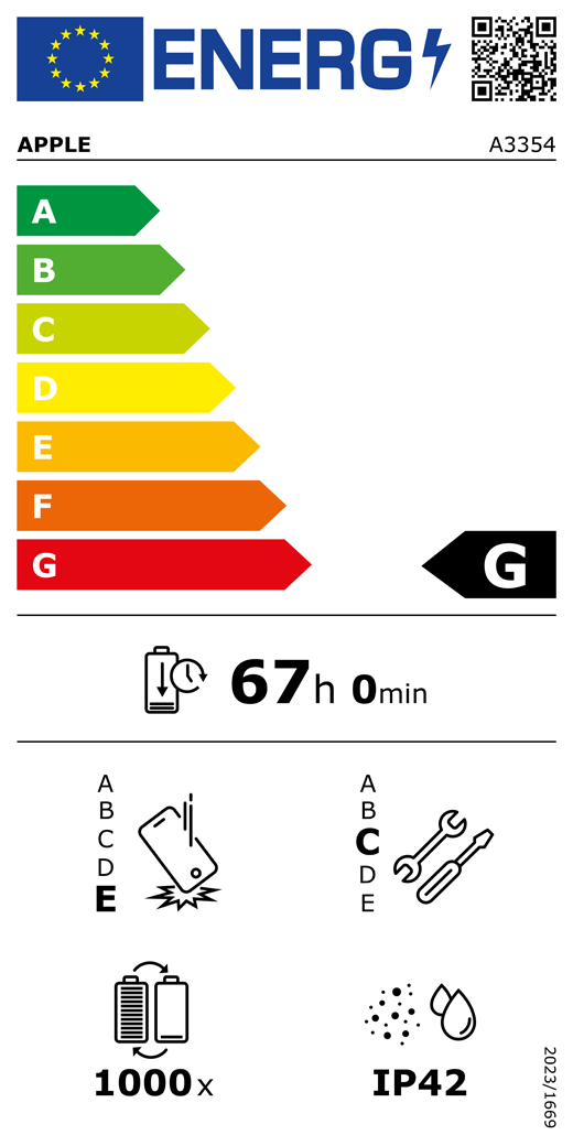 Etiqueta energética da UE, código QR e informações, modelo A3354 da Apple, classe G, classes de eficiência energética (numa escala de A a G), A (mais eficiente) a G (menos eficiente), autonomia da bateria por ciclo, 67 horas e 0 minutos por carga completa da bateria, classe E de fiabilidade em queda livre repetida, A (mais robusto) a E (menos robusto), classe C de reparabilidade, A (mais reparável) a E (menos reparável), 1000 de autonomia da bateria em ciclos, classificação IP42 de proteção contra a entrada de pó e água, regulamento 2023/1669