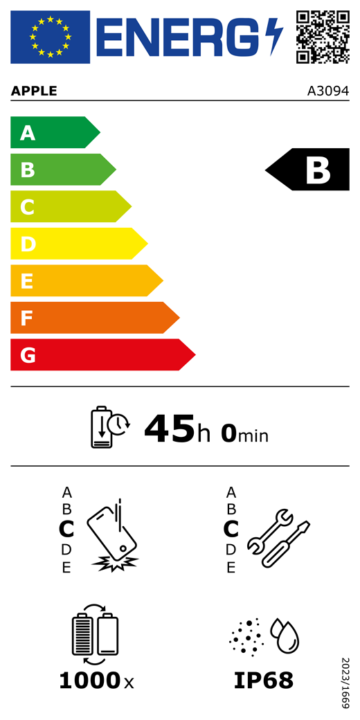 EU-energielabel, QR-code en informatie, Apple model A3094, klasse B, energie-efficiëntieklassen (met schaal van A tot G), A (meest efficiënt) tot G (minst efficiënt), batterijduur per cyclus, 45 uur en 0 minuten per keer volledig opladen, betrouwbaarheidsklasse C bij herhaaldelijke vrije val, A (meest robuust) tot E (minst robuust), repareerbaarheidsklasse C, A (gemakkelijkst repareerbaar) tot E (moeilijkst repareerbaar), levensduur batterij 1000 cycli, classificatie IP68 voor bescherming tegen binnendringen van stof en water (IP), verordening 2023/1669.