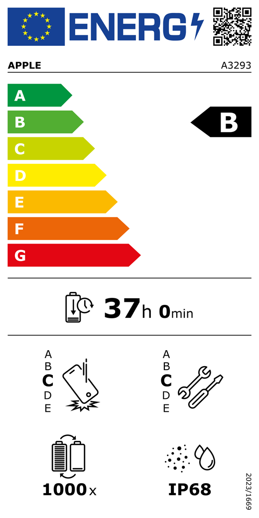 EU-energielabel, QR-code en informatie, Apple model A3293, klasse B, energie-efficiëntieklassen (met schaal van A tot G), A (meest efficiënt) tot G (minst efficiënt), batterijduur per cyclus, 37 uur en 0 minuten per keer volledig opladen, betrouwbaarheidsklasse C bij herhaaldelijke vrije val, A (meest robuust) tot E (minst robuust), repareerbaarheidsklasse C, A (gemakkelijkst repareerbaar) tot E (moeilijkst repareerbaar), levensduur batterij 1000 cycli, classificatie IP68 voor bescherming tegen binnendringen van stof en water (IP), verordening 2023/1669.