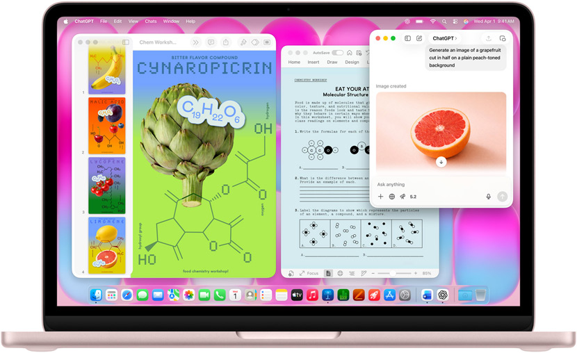 MacBook Neo na cor rosado, a utilizar o ChatGPT para gerar a imagem de uma toranja, outras janelas contêm um documento do Keynote com o título cartazes sobre moléculas, que inclui imagens de frutas e vegetais, assim como dos compostos moleculares associados, e um documento do Microsoft Word com conteúdos sobre o tema
