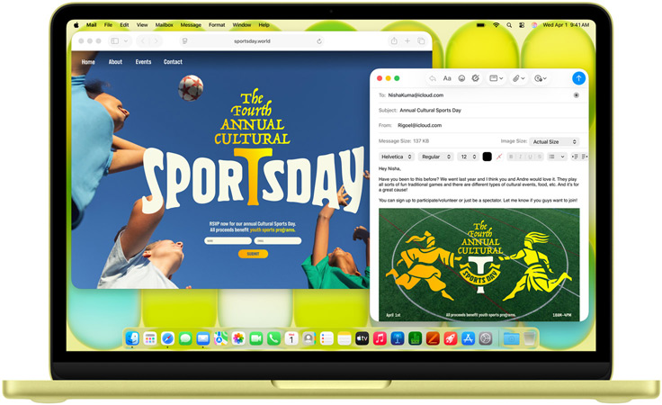MacBook Neo na cor cítrico, mãos sobre o teclado, o utilizador está a escrever um convite por email para um evento desportivo, o site do evento está também aberto ao lado