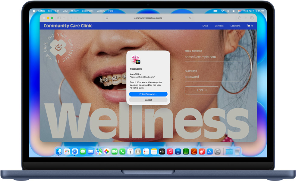 MacBook Neo na cor índigo, o Safari sugere ao utilizador que inicie sessão com Touch ID ou palavra-passe num site chamado Centro de Saúde Comunitário