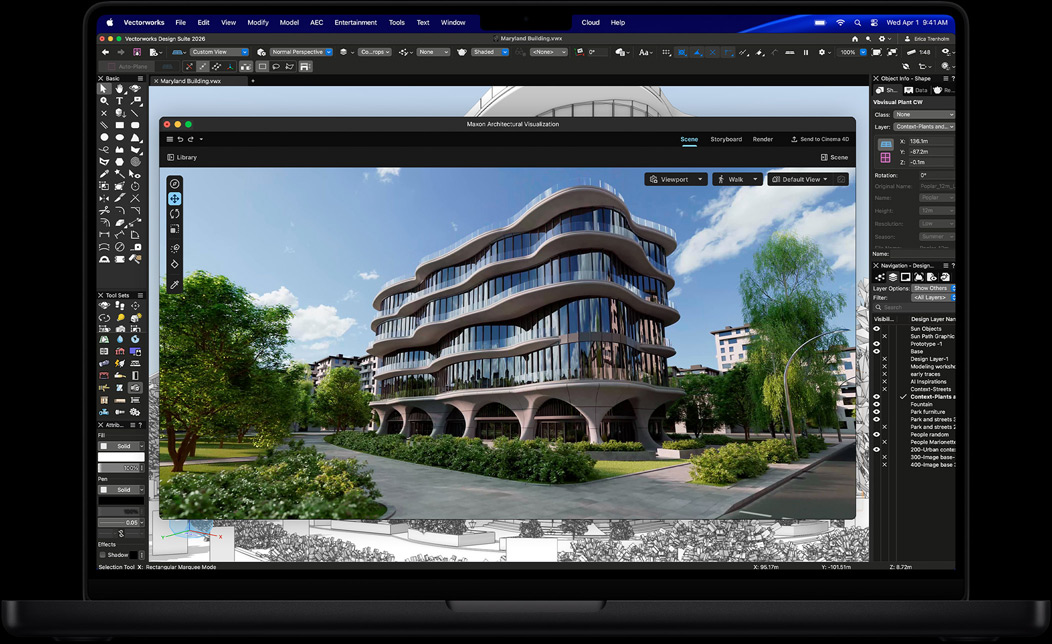 MacBook Pro Display zeigt Vectorworks Design Suite mit Maxon Redshift