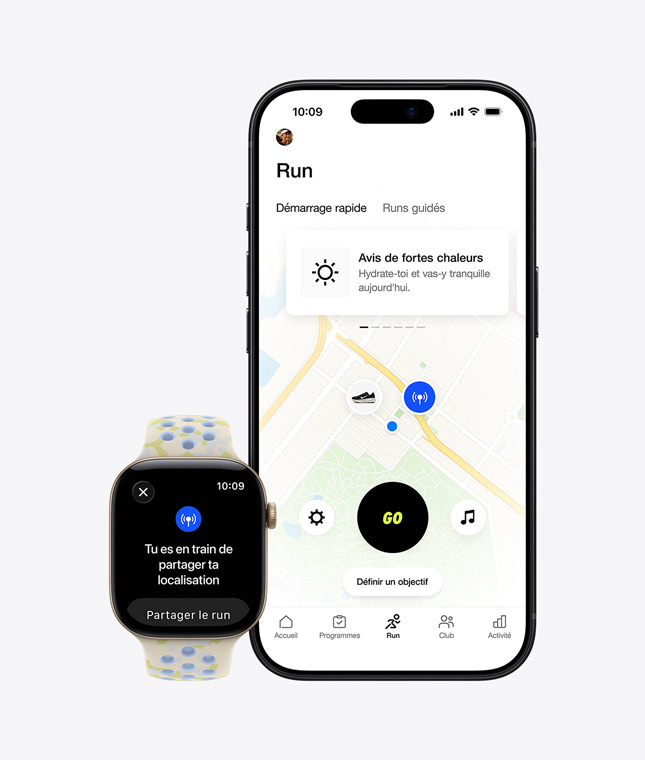 Apple Watch Series 12, boîtier en aluminium, or clair, Boucle Sport Nike, gris asphalte (gris foncé avec motif tissé gris moyen et détails de rouge), écran de partage de la localisation, iPhone 18 Pro, carte d’une course en extérieur dans l’app Nike Run Club