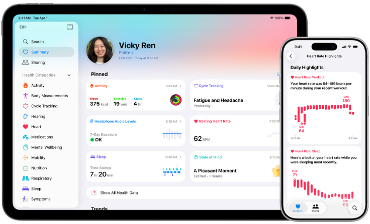 Health app with summary of health information including activity, cycle tracking, headphone audio levels, resting heart rate, sleep, state of mind