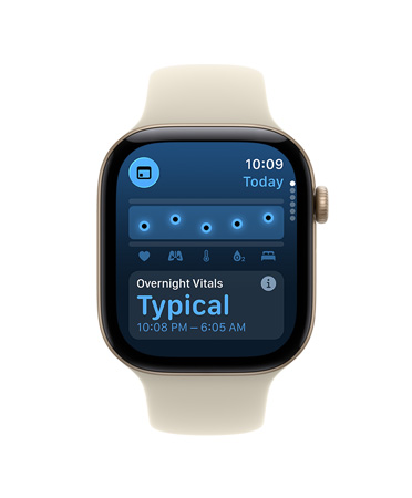 Apple Watch Series 12，淺金色鋁金屬錶殼，配搭沙色 (淺杏啡色) 運動錶帶，螢幕顯示夜間維生指數正常通知