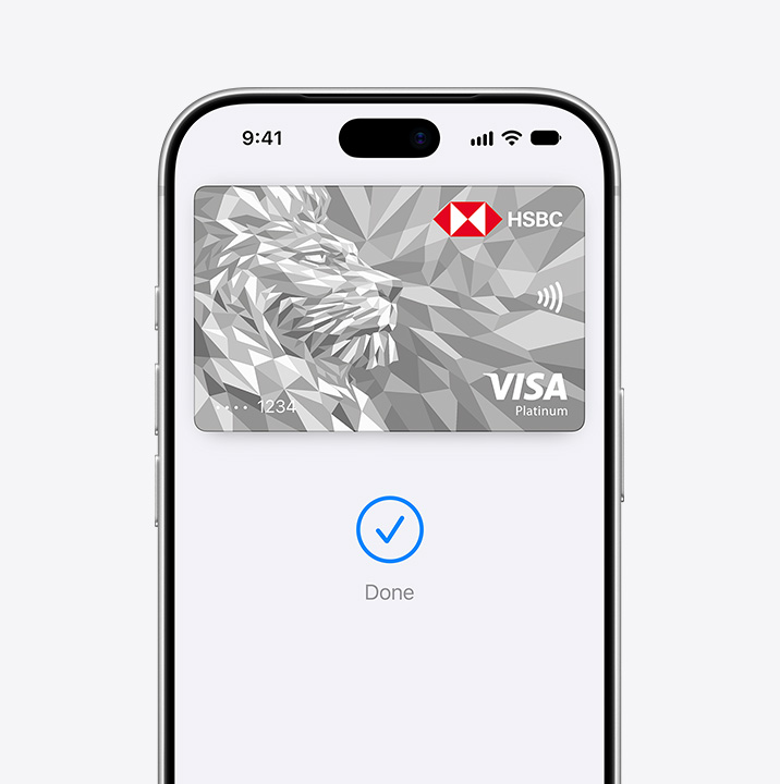 局部 iPhone 螢幕，展示正在 Apple Pay 使用信用卡