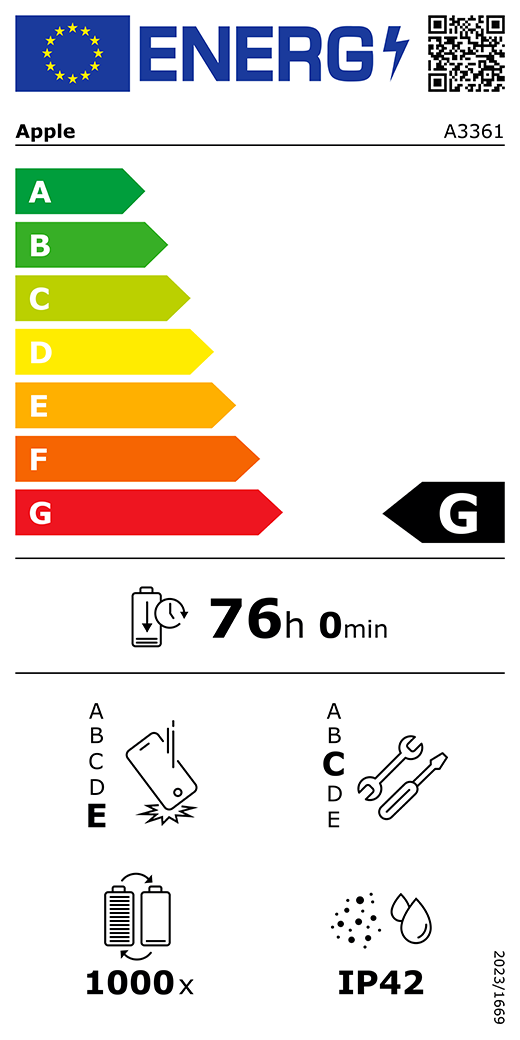 EU oznaka energetske učinkovitosti – QR kôd i informacije, Apple model A3361, razred G, razredi energetske učinkovitosti (sa skalom od A do G), A (najučinkovitiji) do G (najmanje učinkovit), izdržljivost baterije po ciklusu, 76 sati i 0 minuta po punom punjenju baterije, klasa pouzdanosti pri višekratnim slobodnim padovima E, A (najizdržljiviji) do E (najmanje izdržljiv), klasa popravljivosti C, A (najlakše popravljivo) do E (najteže popravljivo), 1000 ciklusa izdržljivosti baterije, zaštita od prašine i vode (IP) ocjena IP42, uredba 2023/1669