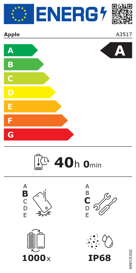 QR kod i informacije za EU oznaku energetske učinkovitosti, Appleov model A3517, razred B, razredi energetske učinkovitosti (prema ljestvici od A do G), od A (najučinkovitije) do G (najmanje učinkovito), izdržljivost baterije po ciklusu, 40 sati i 0 minuta po punom punjenju baterije, razred B za pouzdanost pri višekratnim slobodnim padovima, od A (najizdržljivije) do E (najmanje izdržljivo), razred C za popravljivosti, od A (najlakše popravljivo) do E (najteže popravljivo), 1000 ciklusa izdržljivosti baterije, ocjena IP68 za zaštitu od prodora prašine i vode (IP), uredba 2023/1669