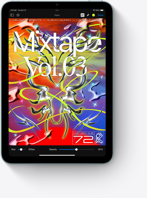 iPad mini prikazan u portretnom prikazu i vidi se raznobojan zaslon Pixelmator.