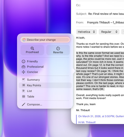 Az Íráseszközök használat közben, egy e-mail szövegében ki van jelölve egy hosszabb bekezdés, az Íráseszközök menüjében a vázlatolási opció van kiválasztva, amelynek az ikonja listajeles listát ábrázol.
