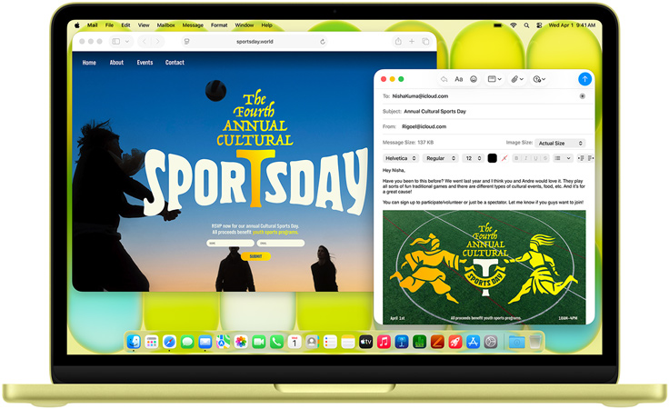 Egy citrusszínű MacBook Neón a felhasználó egy művészeti kiállításra szóló meghívót ír e-mailben, mellette megnyitva az esemény webhelye.