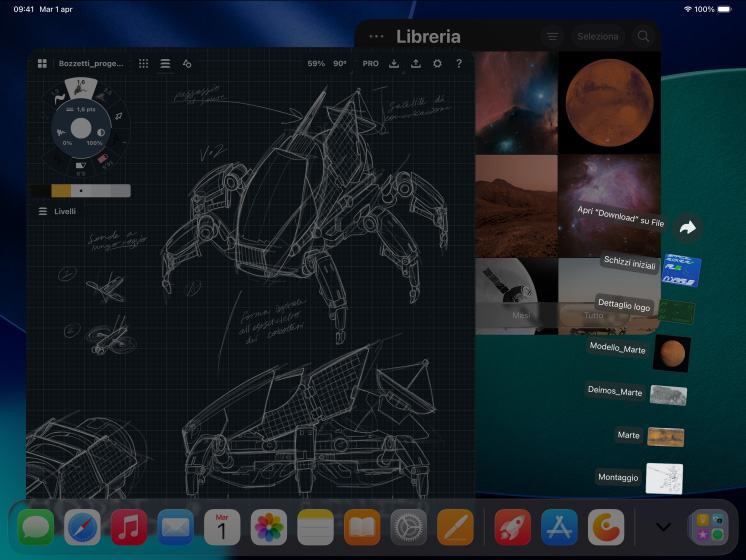 Animazione di 3 iPad Pro nero siderale visti di fronte in orizzontale, con una Apple Pencil Pro appoggiata sul display; i display mostrano tre app per l’editing di foto con immagini di una persona su uno sfondo rosso, disegni di progetti meccanici con strumenti di regolazione del colore, la libreria foto, una cartella dei download aperta a ventaglio, un software di modeling 3D con forme geometriche e annotazioni e formule scritte a mano