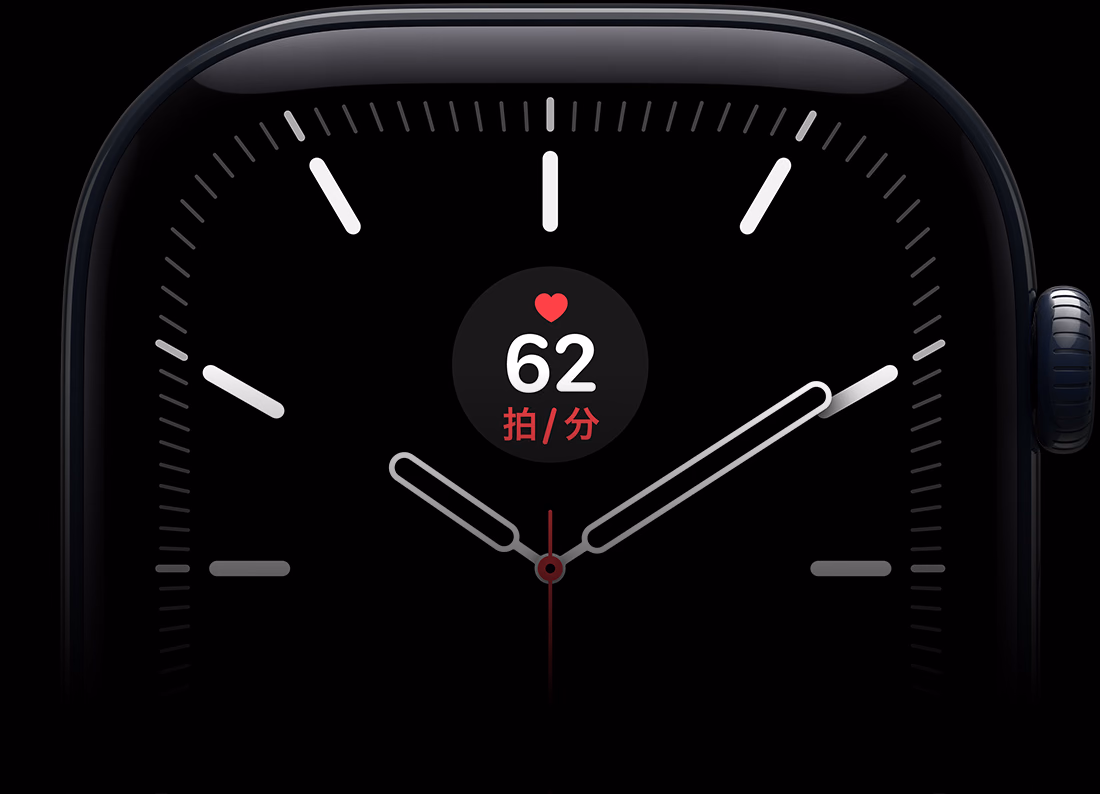ブラックアルミニウムケースのApple Watch Series 12。メリディアンの文字盤に心拍数のコンプリケーションが表示されている。外観の右側面にDigital Crown