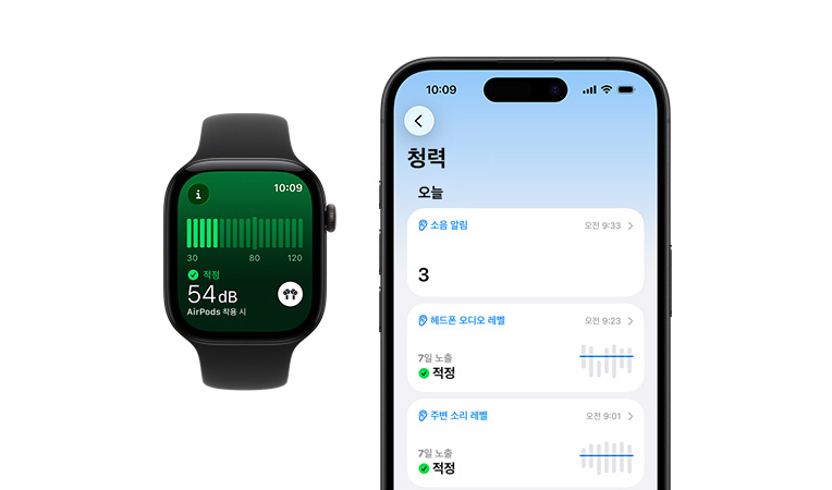 ‘소음’ 앱이 보이는 실버 색상 알루미늄 케이스의 Apple Watch Series 11과 네온 옐로 스포츠 밴드, 그리고 페어링된 iPhone에 일일 상세 청력 요약이 표시된 모습
