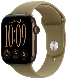 ساعة Apple&nbsp;Watch&nbsp;Series&nbsp;12، إطار من الألومنيوم، لون برونزي داكن، واجهة الساعة تركيبية، الإضافات: اليوم والتاريخ، تمرين الركض، معدل نبض القلب، الجاهزية، الجهة الخارجية اليمنى، التاج الرقمي، الزر الجانبي، حزام رياضي، لون زيتي