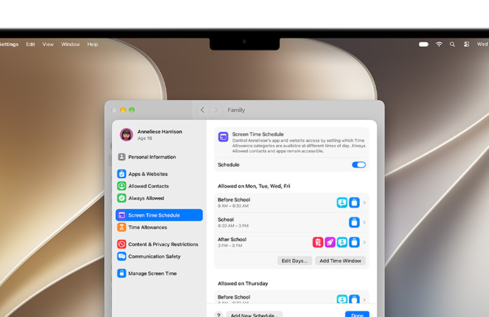 MacBook Pro screen shows Time Allowances and Screen Time Schedule options in Settings to allow time and media categories for their child