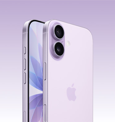 iPhone 17 in Lavender finish, partial-screen display and side angle shows — Action, volume and side button. Back exterior shows Dual Fusion camera system in top left corner.