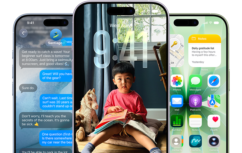 Urządzenia iPhone 17, przód urządzeń, kolory: gołębi, lawenda, szałwia, funkcje iOS – Tło z wiadomościami, efekt Liquid Glass pokazujący ekran blokady i ekran główny wraz z różnymi aplikacjami