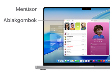 Przegląd elementów nawigacyjnych w macOS na MacBooku Pro 14″ z liniami oznaczającymi położenie paska menu, przycisków okien i Docka.