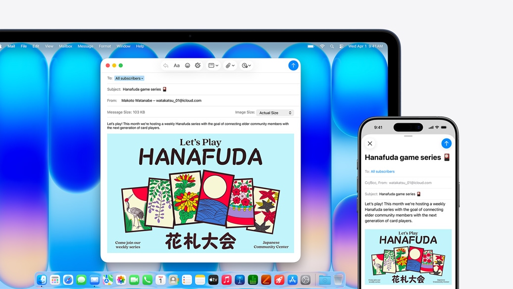 MacBook Neo, culoare Indigo, lângă un iPhone, ambele ecrane afișează același e-mail care anunță un eveniment la un centru comunitar