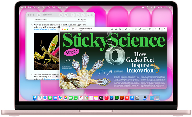 MacBook Neo, rumencová farba. Na obrazovke je článok o biomimetike a kvíz o podobnej téme.