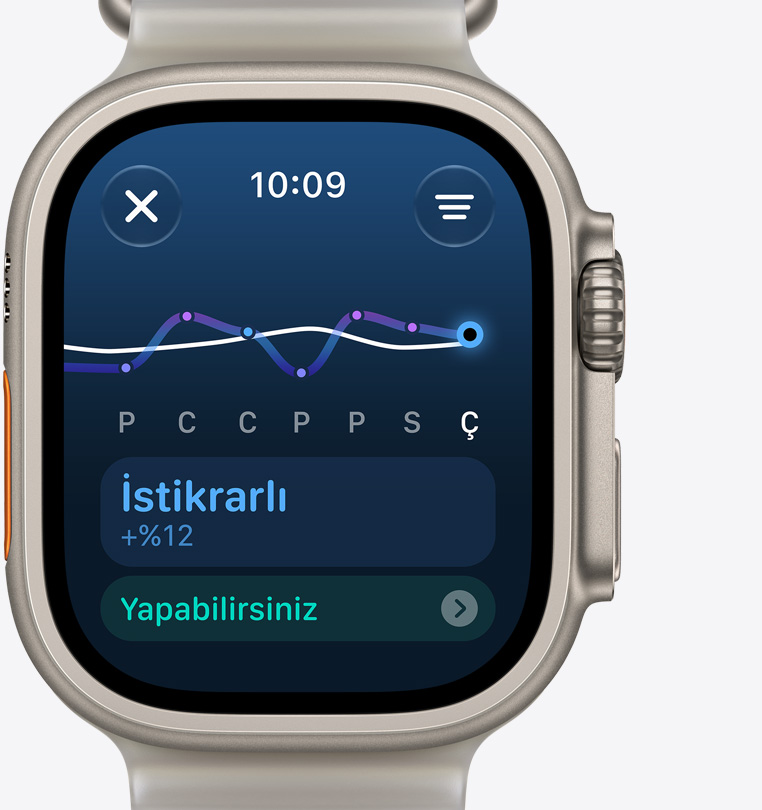 Apple Watch Ultra 4, antrenman artışının gösterildiği antrenman yükü ekranı, titanyum kasa, natürel renk, Ocean Kordon takılı, buzlu gri renk