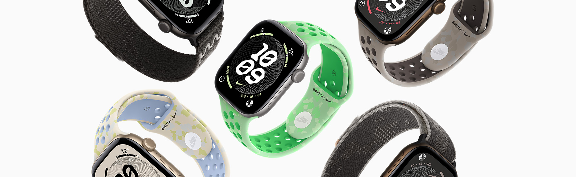 多部 Apple Watch 裝置,展示多款 Nike 錶帶與 Nike 錶面