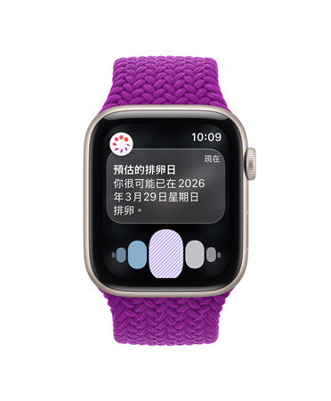 Apple Watch Series 12，展示太空灰色鋁金屬錶殼，搭配洋紅色編織單圈錶環，螢幕顯示預估的排卵日通知