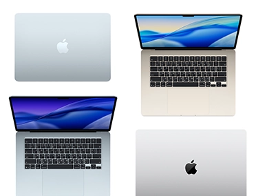 四部不同機型、尺寸和顏色的 Mac 電腦，展示各式各樣的自訂選項