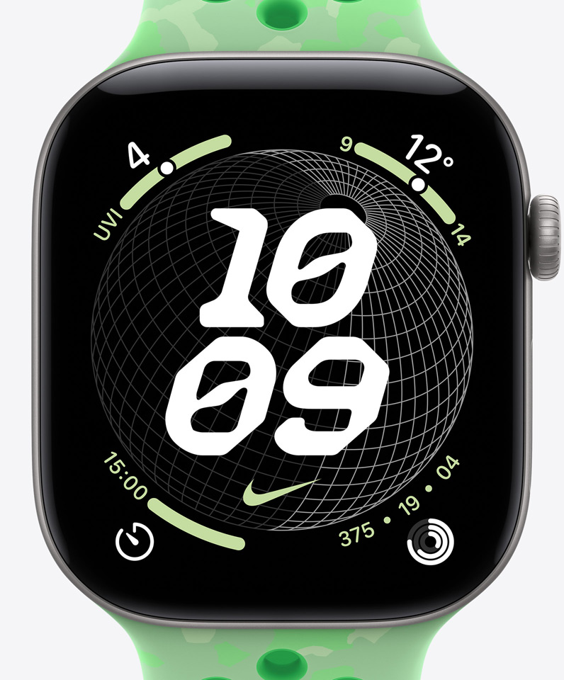 Nike Globe watch face, time, Nike Swoosh logo, complications: UV index, weather, timer, Activity Rings